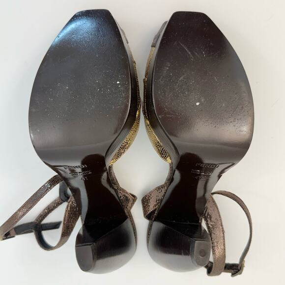 Fendi Orlando High Heel Sandals Bronze Gold Silver Leather Wood |Size 41 (US 10) - Picture 8 of 10
